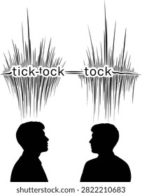 A design illustration showing two silhouette people facing each other with sound wave patterns and the words tick tock emerging from their heads, representing communication and time.