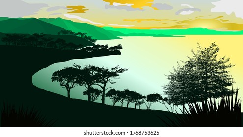 design illustration of a sunset setting on a lake
