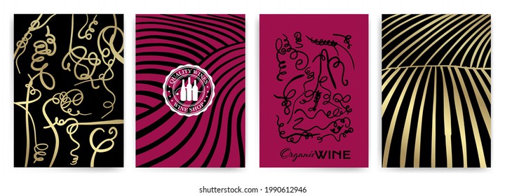 Design with illustration of tendrils and idea rows of vineyard. Vector for covers, invitations, flyers, banners, posters, labels, wine events. Red and rose wine colors. Fresh, elegant.