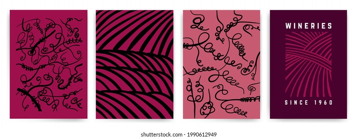 Design with illustration of tendrils and idea rows of vineyard. Vector for covers, invitations, flyers, banners, posters, labels, wine events. Red and rose wine colors. Fresh, elegant.