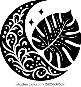 design illustration with a theme of a combination of leaves and the moon as well as additional characteristic batik patterns