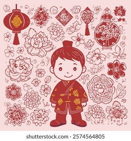 design illustration, themed gong xi fa cai with human characters and various ornaments such as lanterns and flowers,