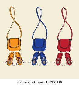 Design illustration of three sets of trendy casual lace-up shoes and matching handbags with shoulder straps isolated on a neutral background