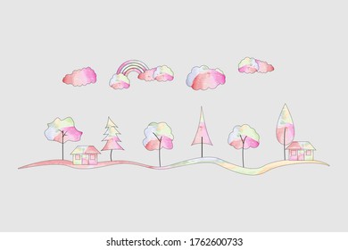 Design-Illustration von Bäumen und Wolken in Aquarellfarben