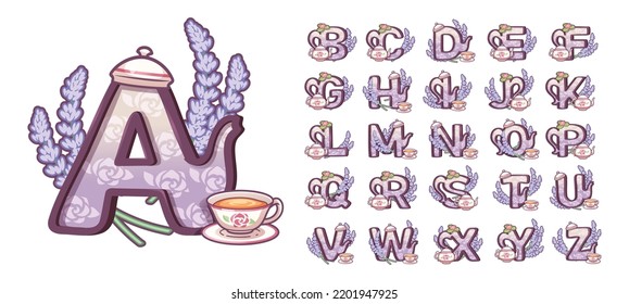 Design illustration in uppercase letter design with lavender flowers, teapot and teacup, as an element, You can use these clipart for any custom project or used for as part of your design.