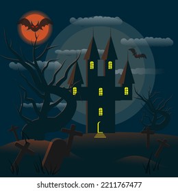 Design Illustration Vector Background Halloween Night Horror House Celebration Holiday Scary Moon Castle Creepy Tree Shadow