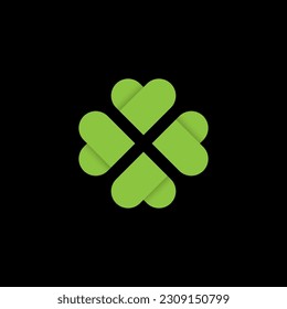 Design Illustration vector logo of a simple lucky clover green leaf isolated on a black background. Clover leaf vector.
