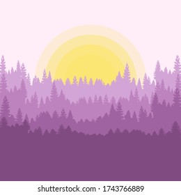 Design Illustration of views of the sun rising from the forest on white background. Suitable for landing pages, icons, stickers and posters.