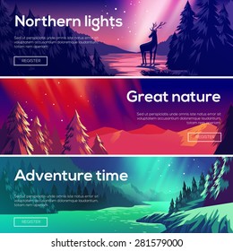 Design illustration for web design development. View of the forest, the mountains , the northern lights.