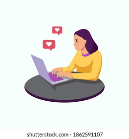 design illustration of a woman in yellow shirt working with a laptop
