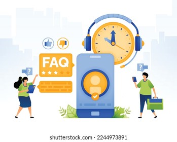 design illustrations of 24 hour complaints FAQ apps to customer service. Customer support services using apps helps users to solve problems. can be used for web, website, posters, apps, brochures