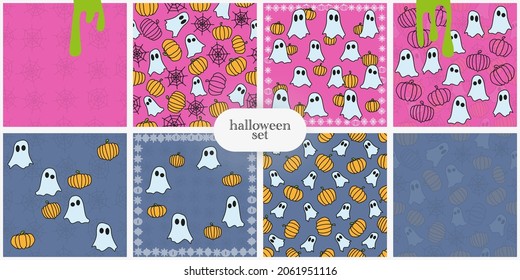 Design illustrations for children, boys and girls, pink and blue background, haunted and pumpkin, flying, line art performance. Eight seamless patterns. Collection of fun halloween illustration.