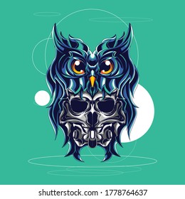 Design illustrations for t-shirts with the theme of skulls and animal heads of owl in attractive colors