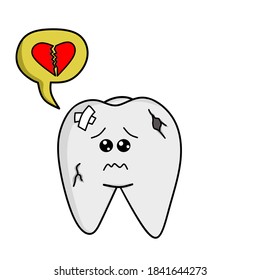 design illustrator cartoon character with cavities and looks sad because unhealthy