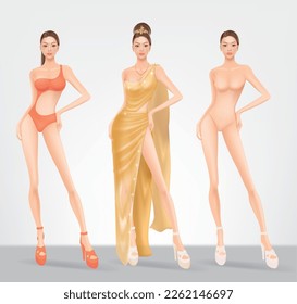 Design image of model wearing evening dress and swimwear for beauty pageant