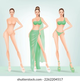 Design image of model wearing evening dress and swimwear for beauty pageant