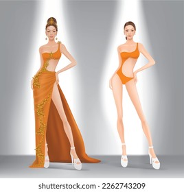 Design image of model wearing evening dress and swimwear for beauty pageant
