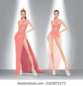 Design image of model wearing evening dress and swimwear for beauty pageant