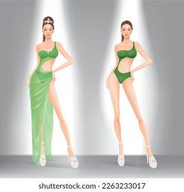 Imagen de diseño de modelo con vestido de noche y ropa de baño para el concurso de belleza