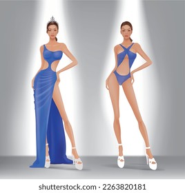 Design image of model wearing evening dress and swimwear for beauty pageant
