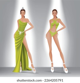 Imagen de diseño de modelo con vestido de noche y ropa de baño para el concurso de belleza
