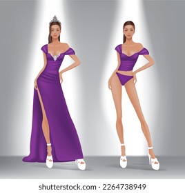 Imagen de diseño de modelo con vestido de noche y ropa de baño para el concurso de belleza
