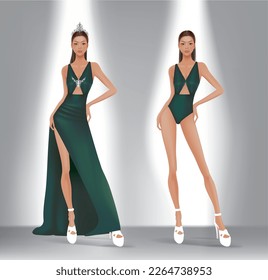 Design image of model wearing evening dress and swimwear for beauty pageant