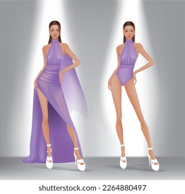 Design image of model wearing evening dress and swimwear for beauty pageant