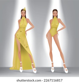 Design image of model wearing evening dress and swimwear for beauty pageant