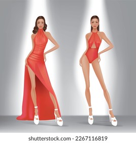 Imagen de diseño de modelo con vestido de noche y ropa de baño para el concurso de belleza