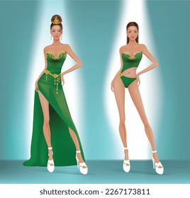 Design image of model wearing evening dress and swimwear for beauty pageant