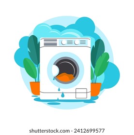 Design image save water. A broken washing machine with water coming out and plants. Vector illustration