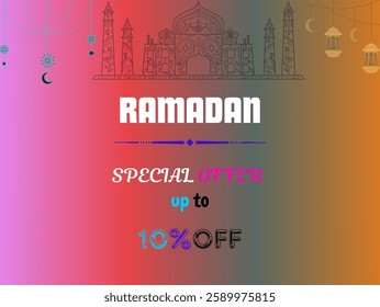 The design includes an artistic mosque illustration, elegant hanging lanterns, crescent moons, and intricate Islamic decorative elements, Ramadan 10 percent deals offer banner