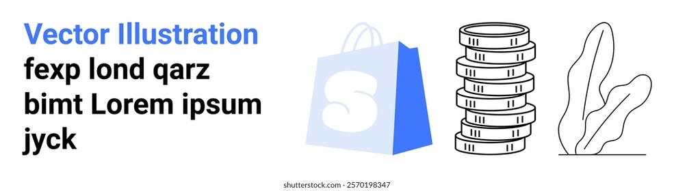 Design includes a blue shopping bag, a stack of coins, and a minimalist plant with sample text. Ideal for online shopping, finance, ecommerce, marketing, and business growth. Landing page