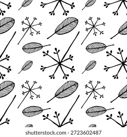 O design inclui delicadas flores e caules pretos e brancos em arranjo harmonioso. Fundo repetido para papel de parede.