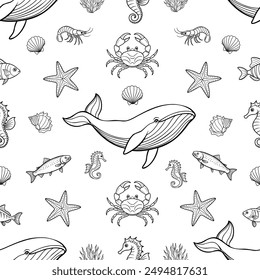 The design includes a variety of marine creatures such as whales, seahorses, crabs, starfish, fish, shells, seaweed, and shrimp, all artfully arranged to create a continuous and harmonious pattern. 