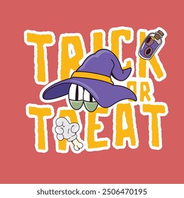 Design including the phrase "Trick or Treat," with witch-themed elements, eyes, and hands intended for use on stickers, pins, or children's clothing.