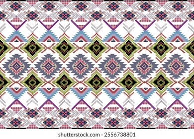 design incorporates bold colors like red, orange, yellow, brown,green, evoking a boho  native fabric aesthetic. Perfect ftextiles, carpets, wallpapers, cultural-themed decorations artistic pattern 