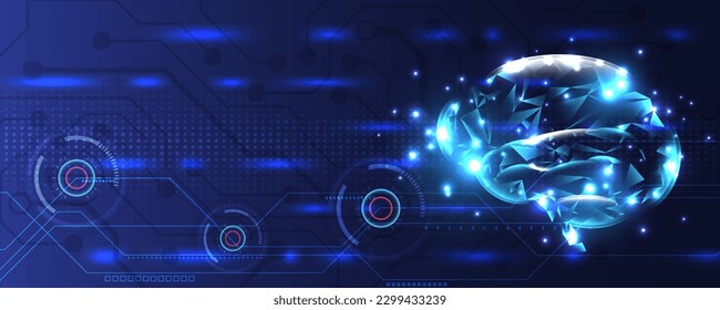 Design incorporates the concept of deep learning. Human brain on circuit board background. Artificial intelligence AI, machine learning concept.