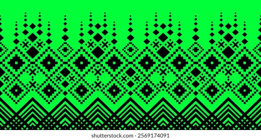 The design incorporates a mix of squares, diamonds, triangles, and zigzag lines, creating a dynamic and visually engaging composition. 