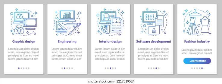 Design Industry Onboarding Mobile App Page Screen With Linear Concepts. Fashion, Graphics, Software Development, Engineering, Interior Design Steps Instructions. UX, UI, GUI Vector Illustrations