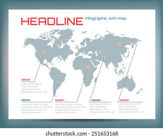 Design of infographic with map of the world and text. Vector illustration.