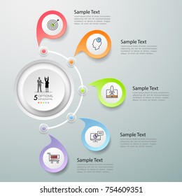 Design infographic template 5 options. Business concept can be used for workflow layout, diagram, number options, timeline, steps, demo infographic