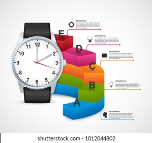 Design infographics with clock. Can be used for business presentations, information banner, visualization idea, timeline or web design.