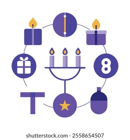 Design an infographic-style vector showing the eight nights of Hanukkah, with symbols for each night like candles, blessings, and gifts