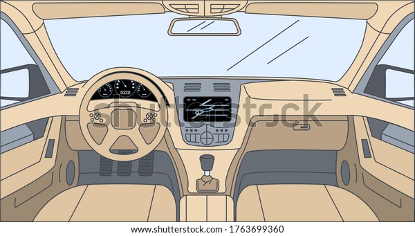 Design inside\
the car vector cartoon outline illustration. Driver view with\
navigator, rudder, dashboard, and navigation front panel. Interior\
of automobile, vehicle\
background.