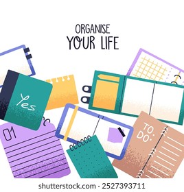 Diseño de tarjeta de inspiración con organizadores de papel, planificadores. Fondo con cuadernos abiertos, bloc de notas con páginas vacías para notas, registros. Diario personal, lista de tareas, calendario. Ilustración vectorial plana