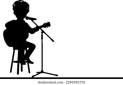 Inspiración de diseño: Vector de silueta de un niño guitarrista actuando para un diseño musical y lúdico