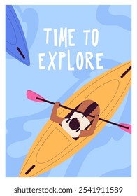 Design de cartaz inspirador com caiaque. Cartão vertical com rafting rio em canoa, barco a remo. Pessoas flutuando na água em um barco, velejando, remando com vista superior de remo. Ilustração de vetor plano