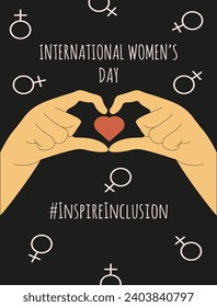 Design Inspire Inclusion holiday card. Internation Women's Day poster template in trendy Geometric style. Vector illustration can used web and social media banner, card, print. Editable stroke  